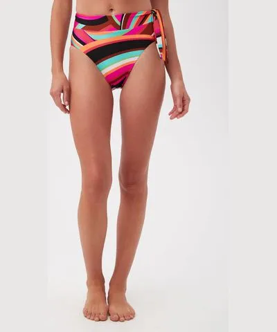 Trina Turk Swoop High-Waist Bikini Bottom With Adjustable Sash Tie / Multi 6