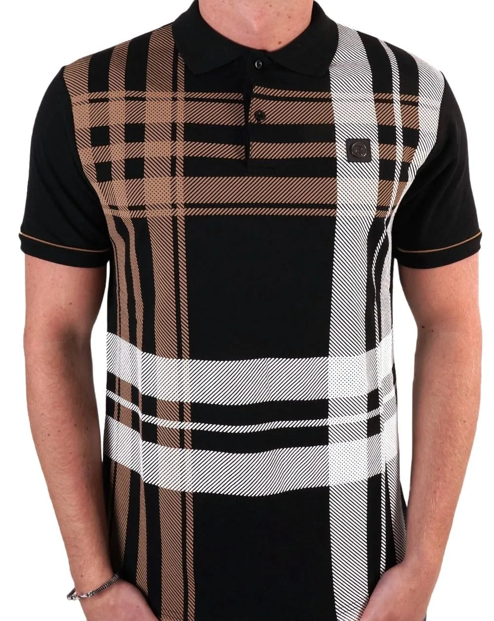 Trojan Check Panel Polo Shirt Black