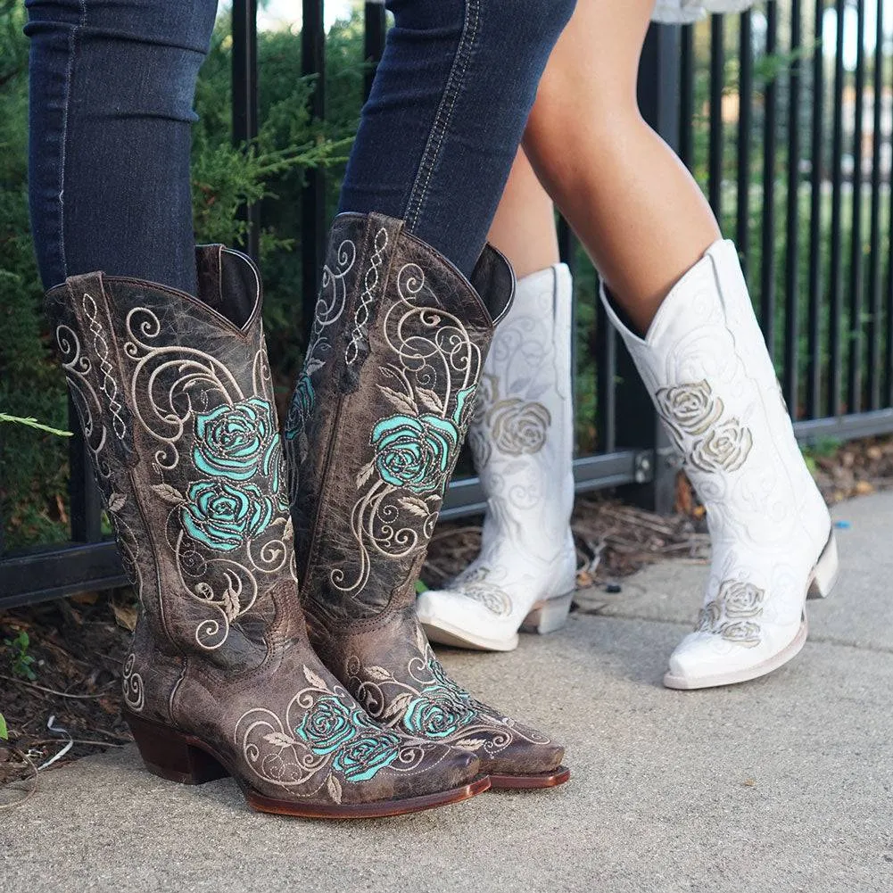 Turquoise Rose Inlayed Women's Cowgirl Boots (M50032)