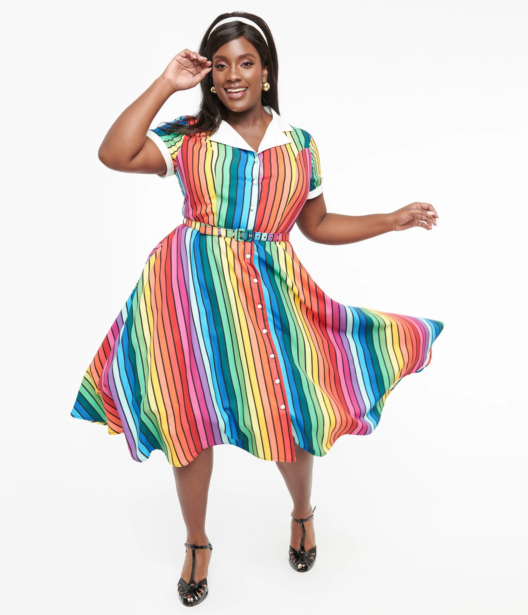 Unique Vintage Plus Size 1950s Rainbow Stripe Pride Alexis Swing Dress