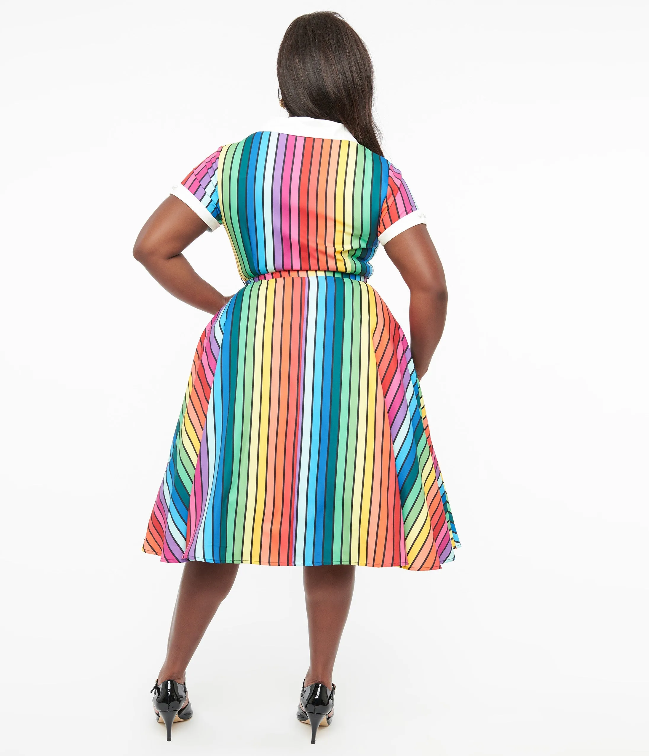 Unique Vintage Plus Size 1950s Rainbow Stripe Pride Alexis Swing Dress