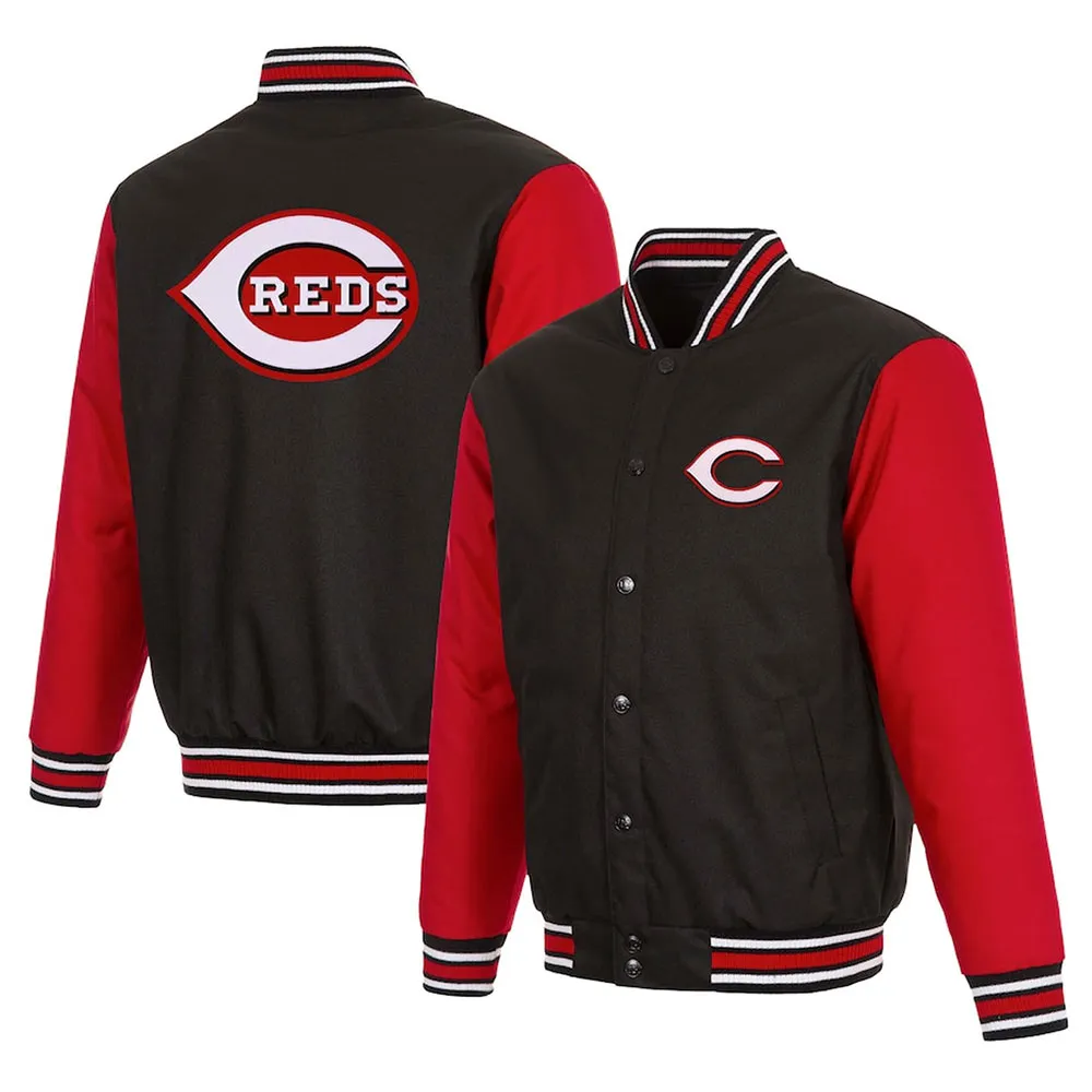 Varsity Cincinnati Reds Black and Red Poly Twill Jacket