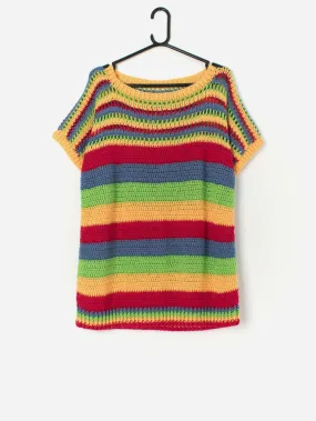 Vintage handmade crochet mini dress with colourful horizontal stripes – Large