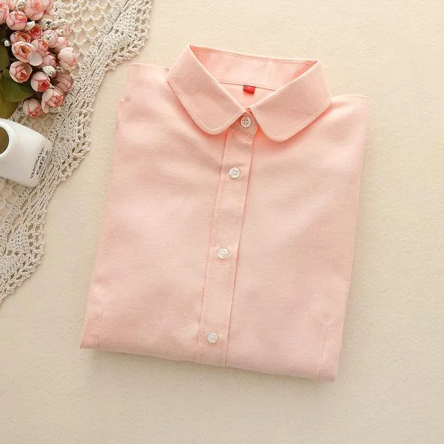 Women's Cotton Solid Oxford Long Sleeve Blouse with Collar and Buttons